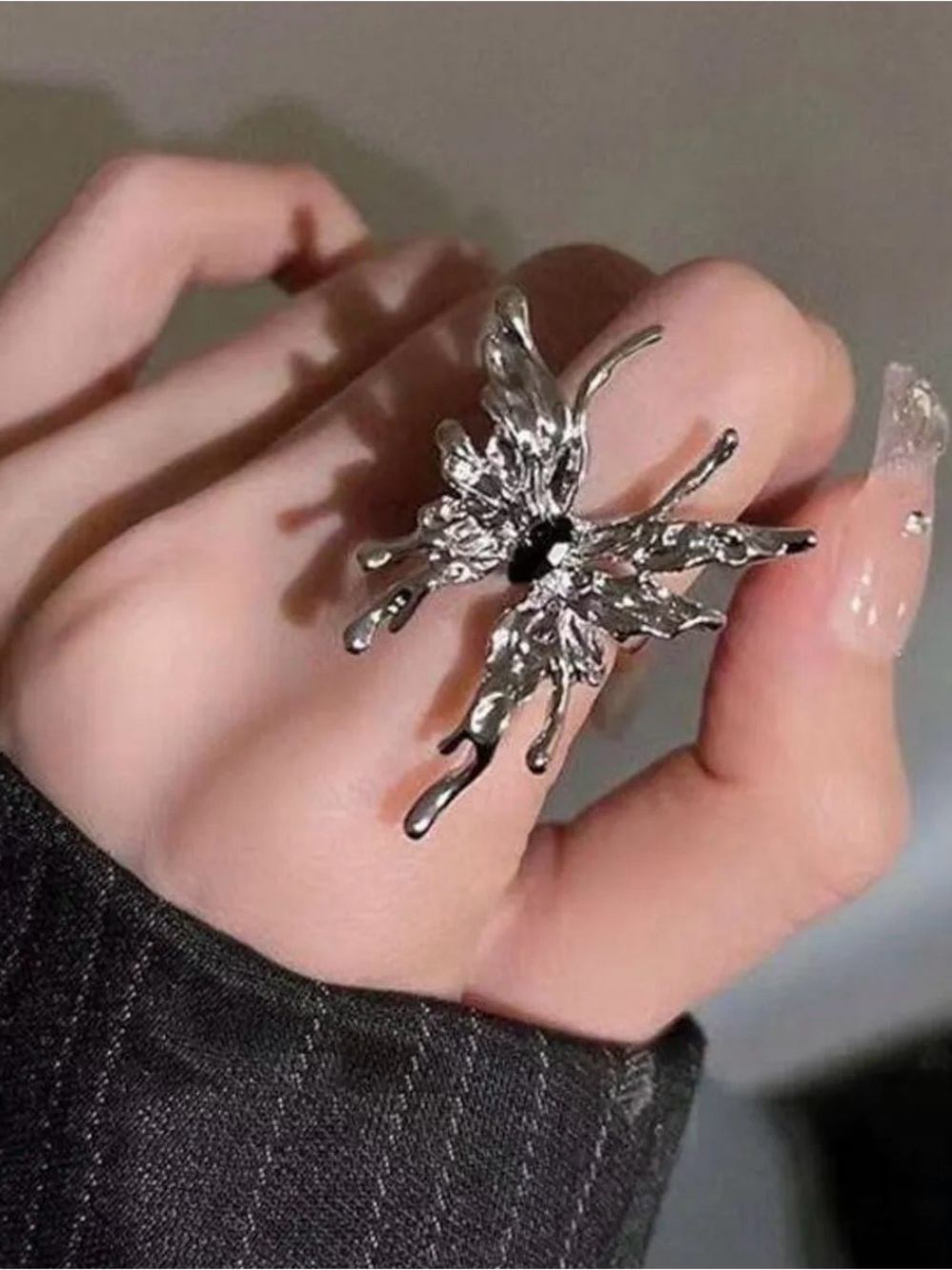 Silver Adjustable Liquid Metal Butterfly Ring